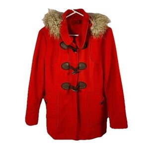 ModCloth Red Peacoat Toggle‎ Buttons Faux Fur Trim Hood Sz L Petite Coffee Shop